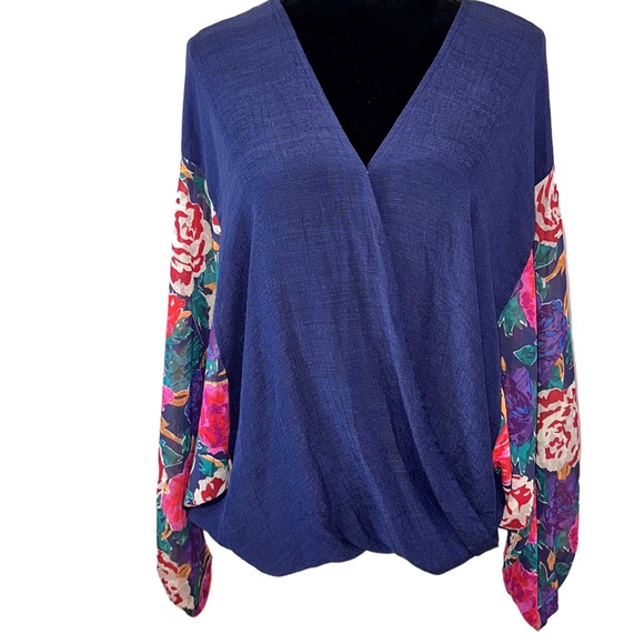 Scrap Work Balloon Sleeve Wrap Front Blouse Size Large Artsy Design Oversized - Picture 2 of 11